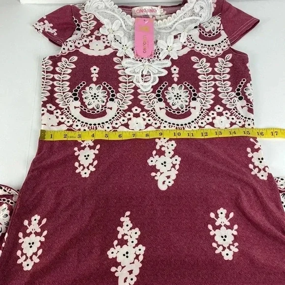 NWT burgundy floral lace print maximalist maxi feminine shift dress  medium - Picture 4 of 12